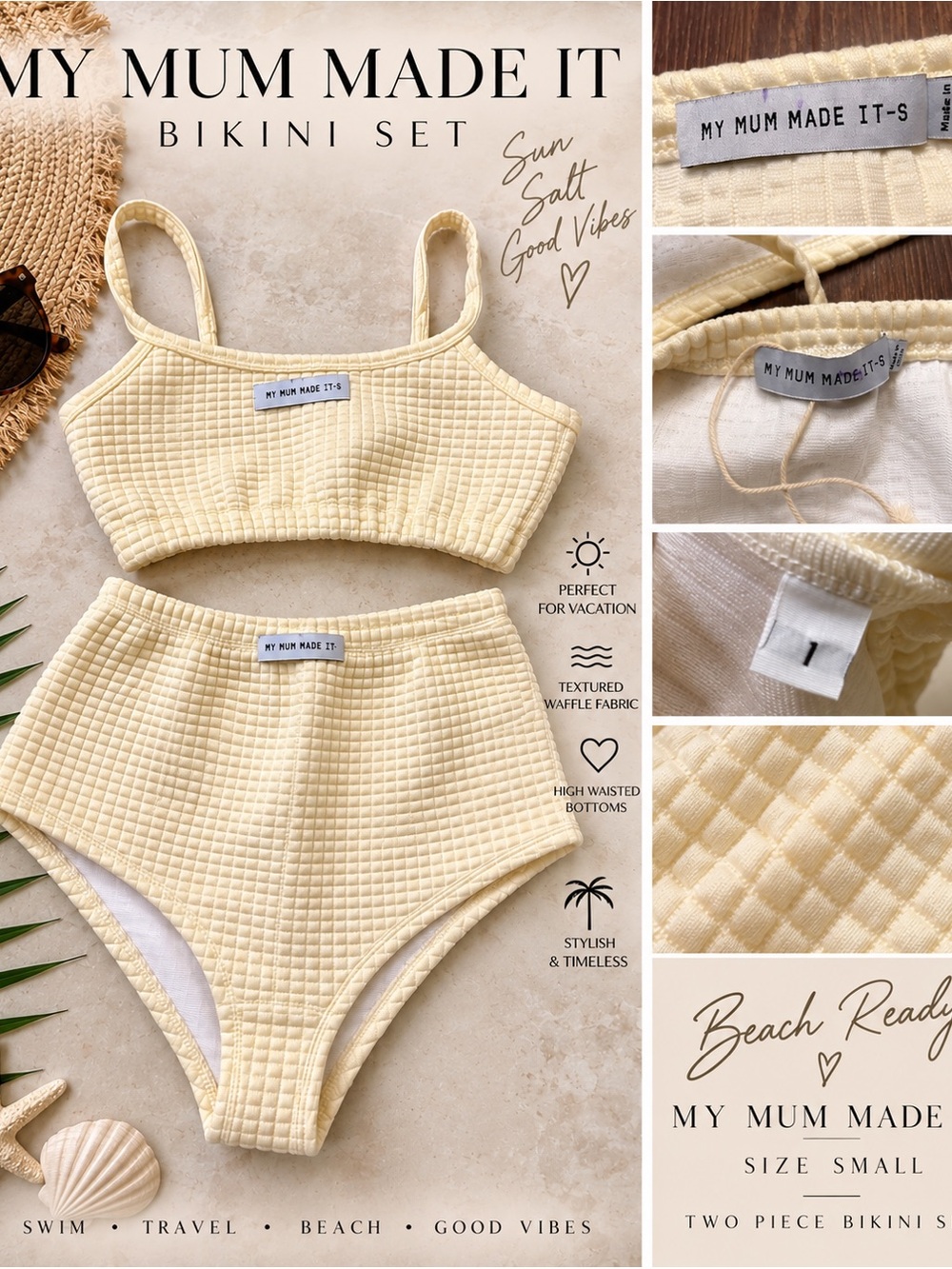 My Mum Made It Bikini Set S/1 Butter Yellow Waffle High Waist Two Piece Swimsuit